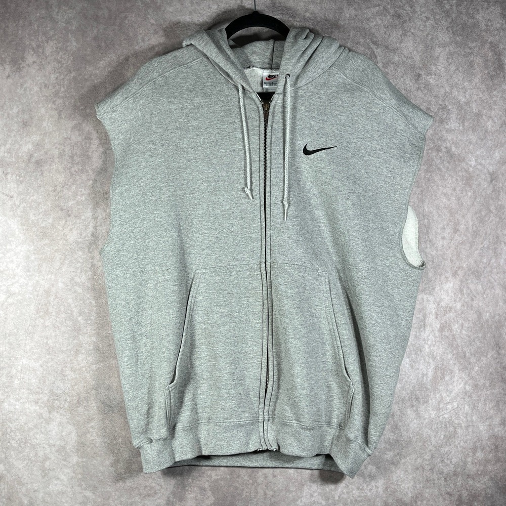 Vintage Silver Nike Tag Stitched Nike Swoosh Zip Muscle Sweatershirt Mens L 90s